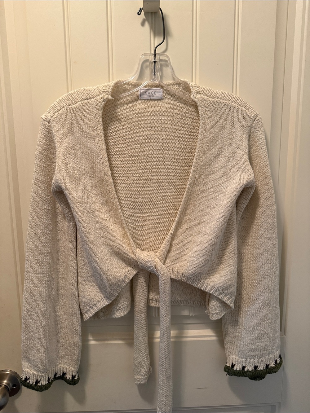 Sage Cream Tie-Front Knit Cardigan with Green Trim
